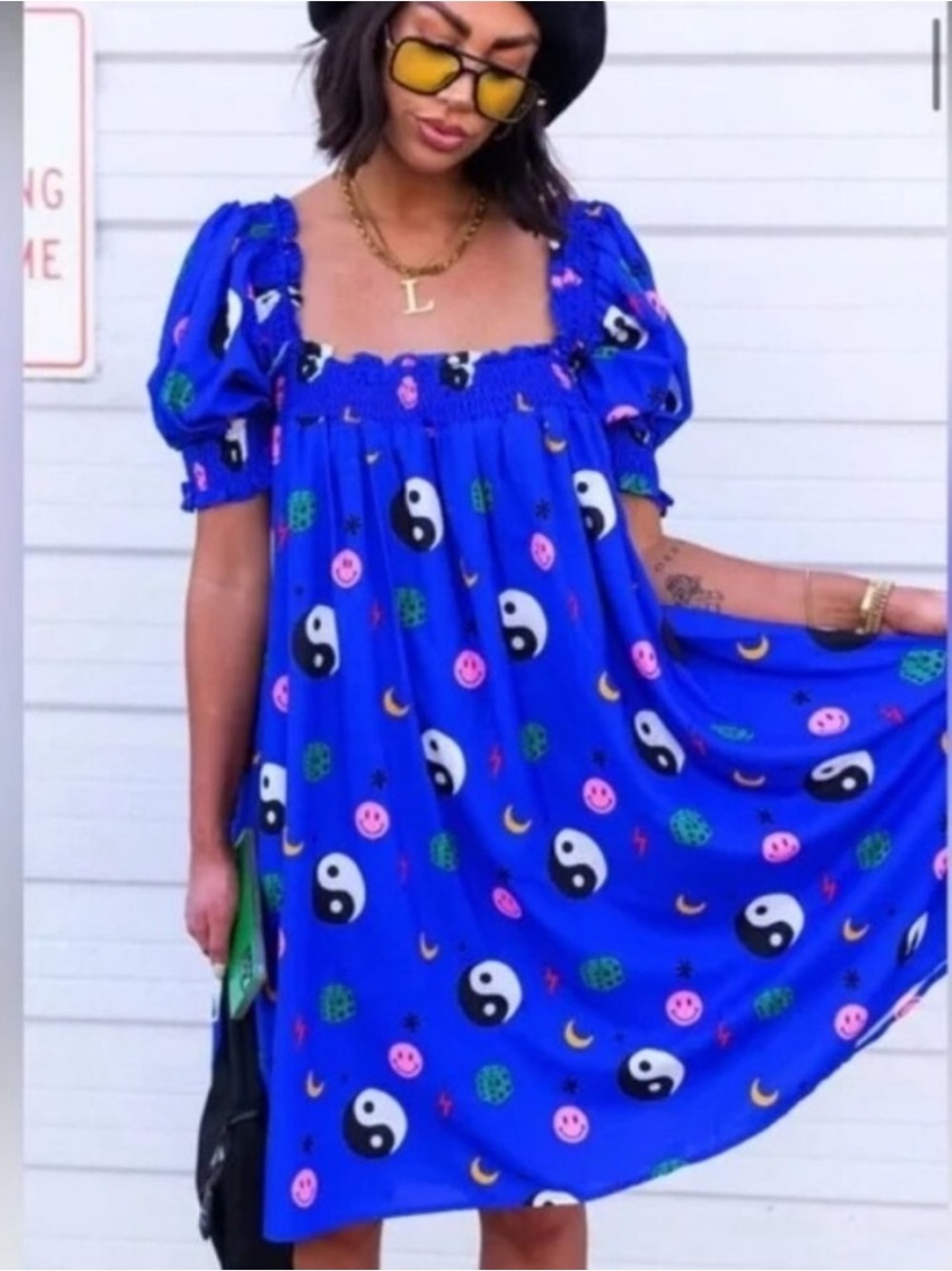 NWT Dressed in Lala Smiley Yin Yang Blue Smocked Mini Dress